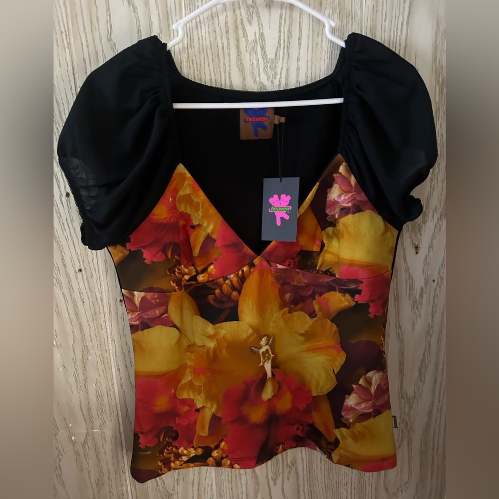 Marc Jacobs Black Puff Sleeve Floral V-Neck Top with Yellow & Red Flowers - Picture 2 of 4